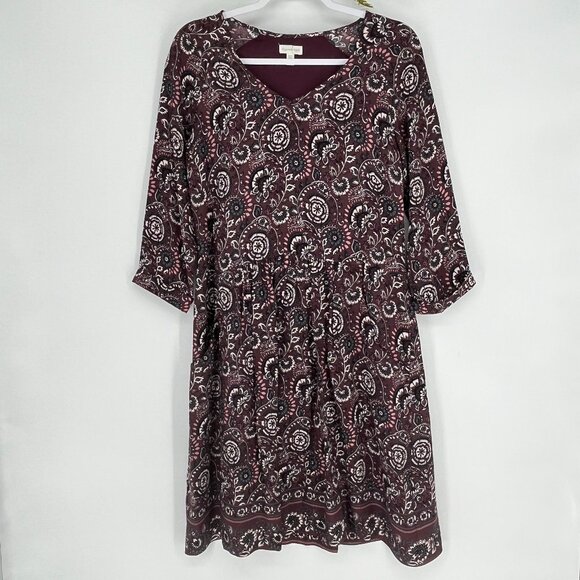 Garnet Hill Bohemian Paisley Print Dress Size 4 Plum Floral 3/4 Sleeve Pockets - Picture 3 of 11